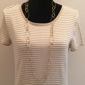 tan khaki striped silk short sleeve neutral knit tee top, new without tags